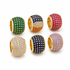 Six colorful gold pavé charm beads sparkle against a clean white background, showcasing green, tricolor, pink, white, blue, and lavender gemstones.