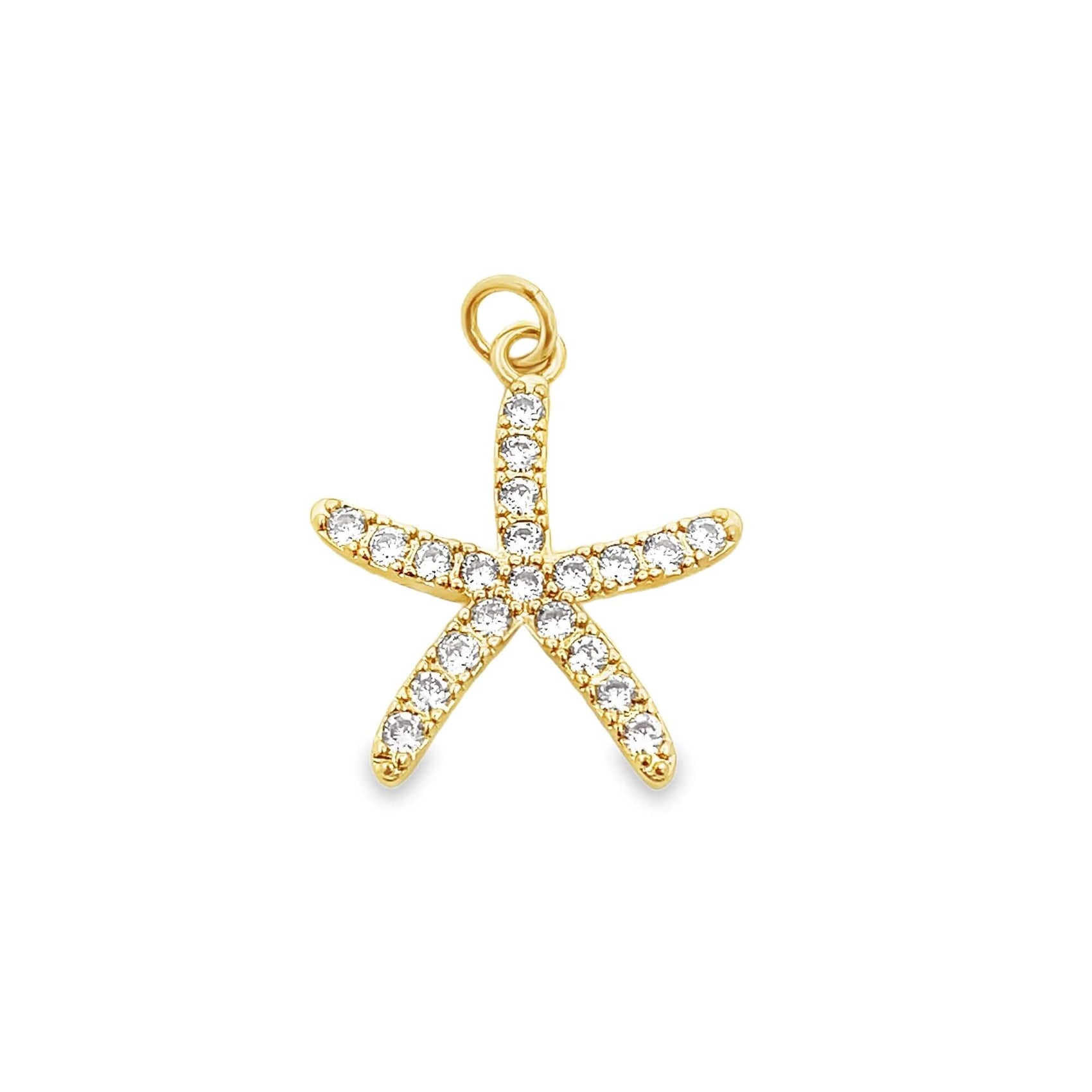 A gold starfish charm encrusted with sparkling cubic zirconia stones features a jump ring at the top.