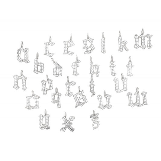 A collection of sparkling diamond-encrusted lowercase letter charms in a Gothic font layout on a white background.