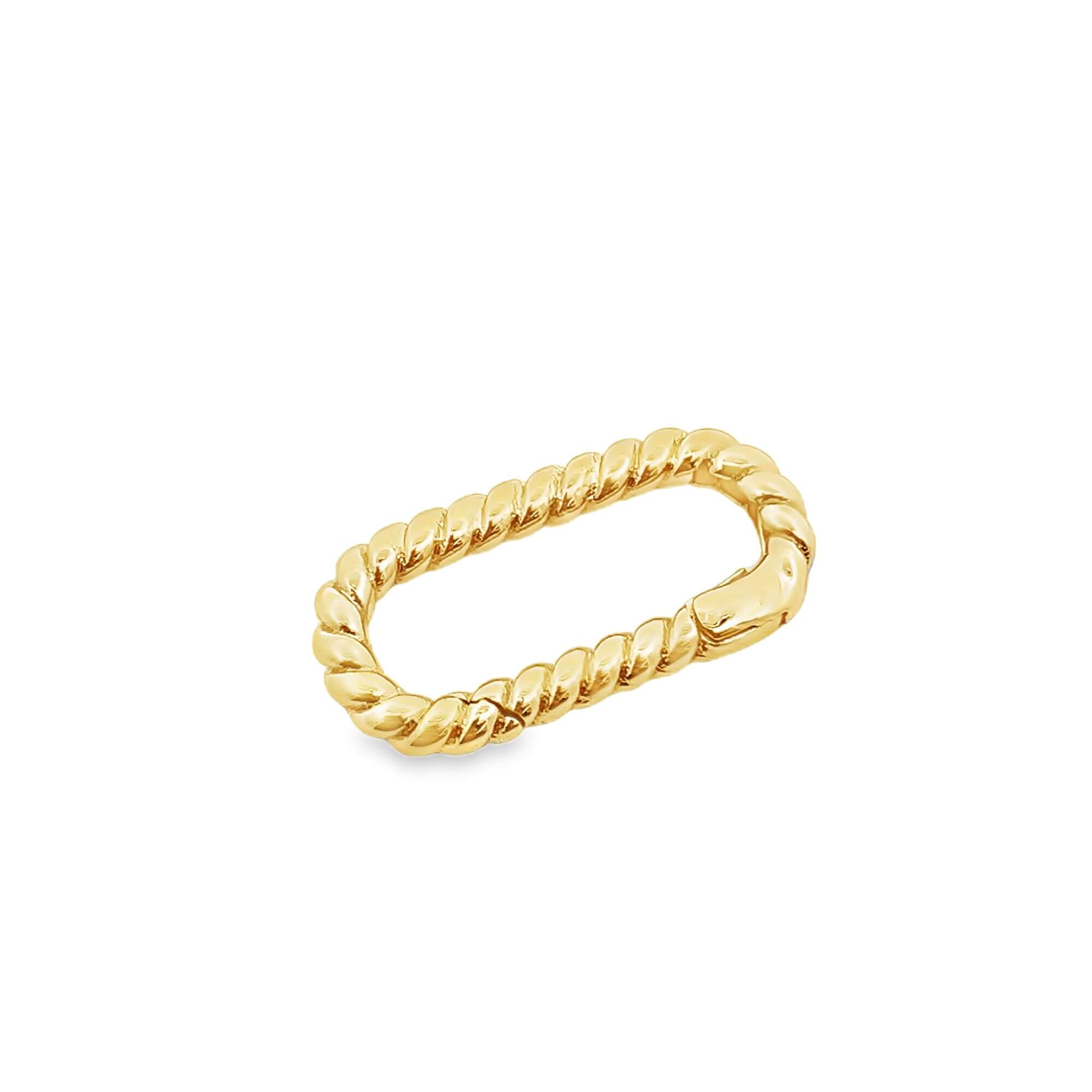 A polished gold twist lock charm displays a textured rope design on a white background.