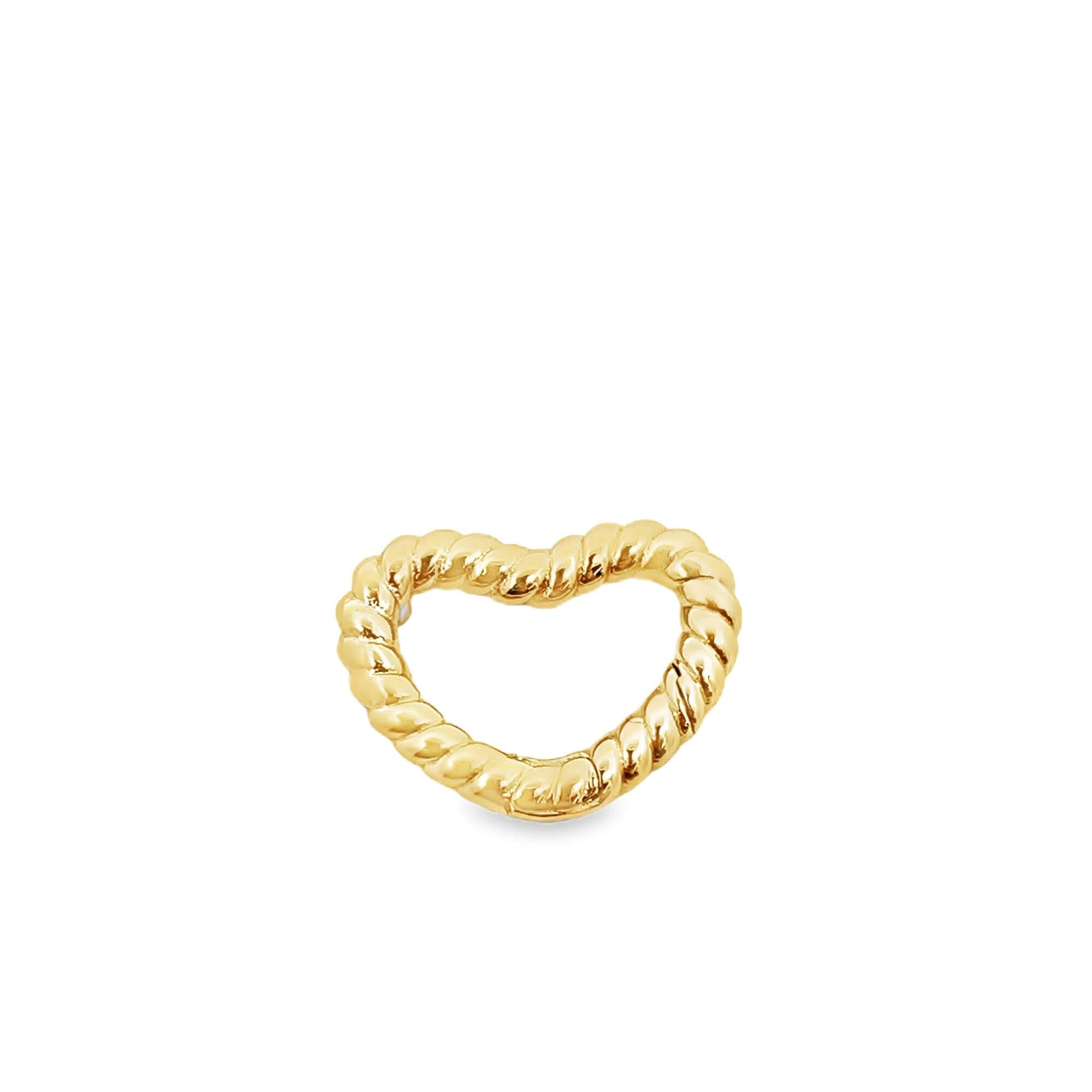 A shiny gold twisted rope heart pendant gleams against a clean white background.
