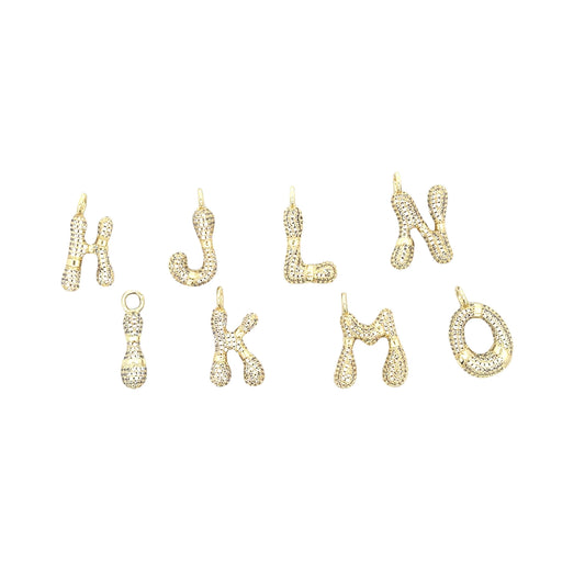 Sparkling gold pave initial letter charms H through O display intricate crystal details against a white background.