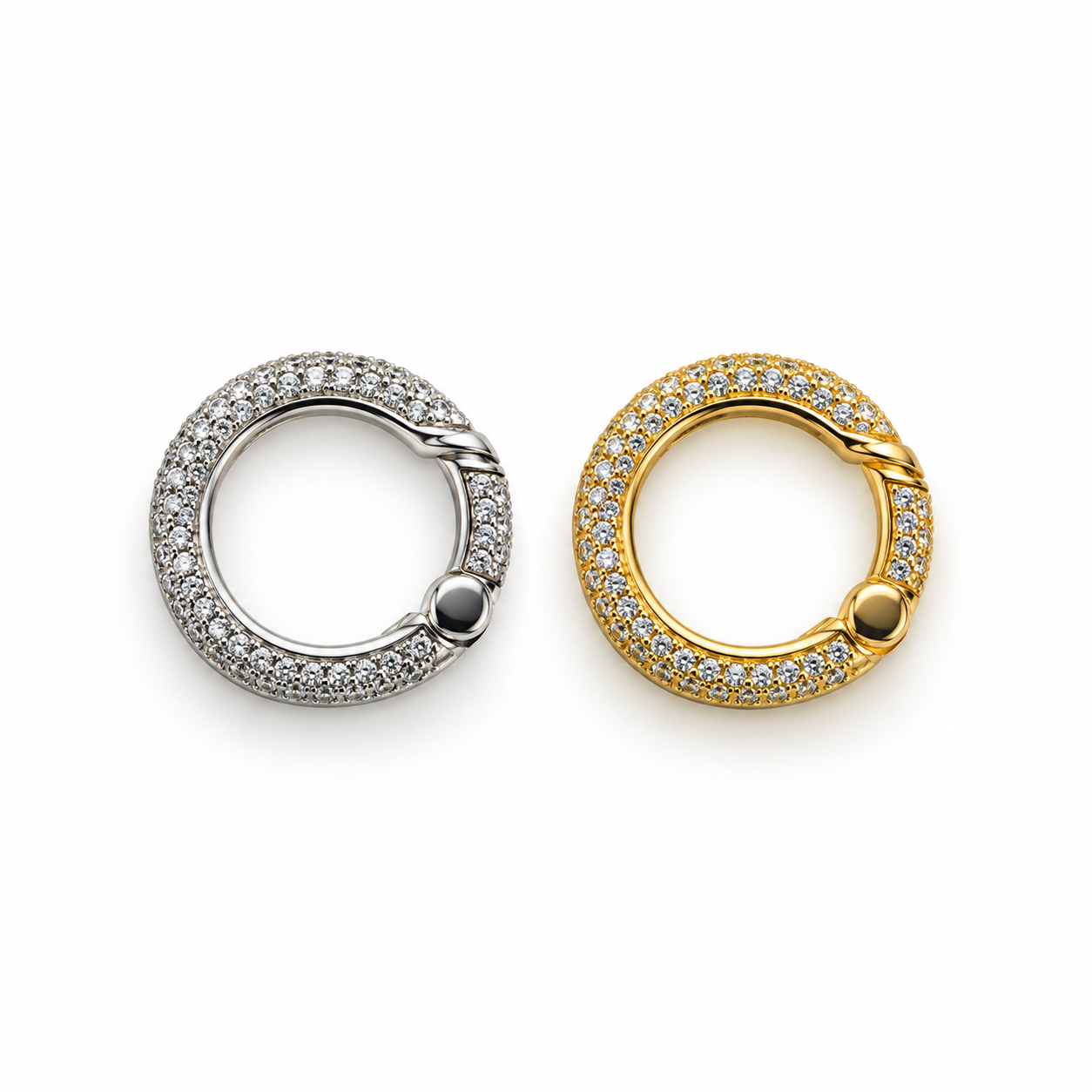 Shop our Pavé Circle Clasp Connector in 18K Gold Filled or Rhodium. A sparkling decorative clasp for necklaces, chains and custom jewelry designs.