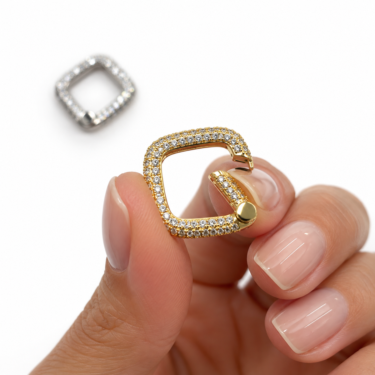 Shop a luxury square CZ  clasp in 18K Gold Filled or Rhodium. Sparkling CZ detailing, modern design, and versatile use for chains, necklaces, bracelets and charms.