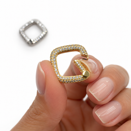 Shop a luxury square CZ  clasp in 18K Gold Filled or Rhodium. Sparkling CZ detailing, modern design, and versatile use for chains, necklaces, bracelets and charms.