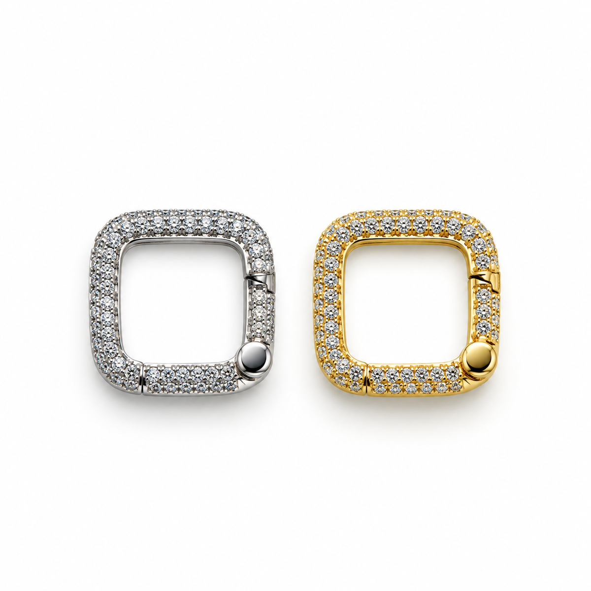 Shop a luxury square CZ  clasp in 18K Gold Filled or Rhodium. Sparkling CZ detailing, modern design, and versatile use for chains, necklaces, bracelets and charms.