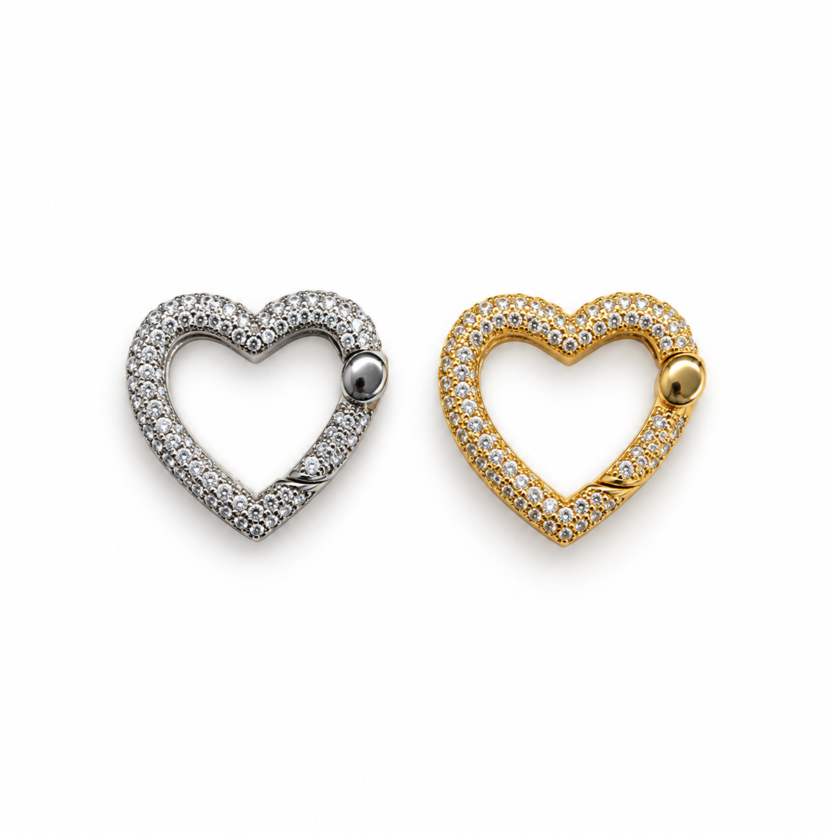 Shop a heart-shaped CZ jewelry clasp in 18K Gold Filled or Rhodium. A beautiful functional connector for chains, necklaces, bracelets, charms and pendants.