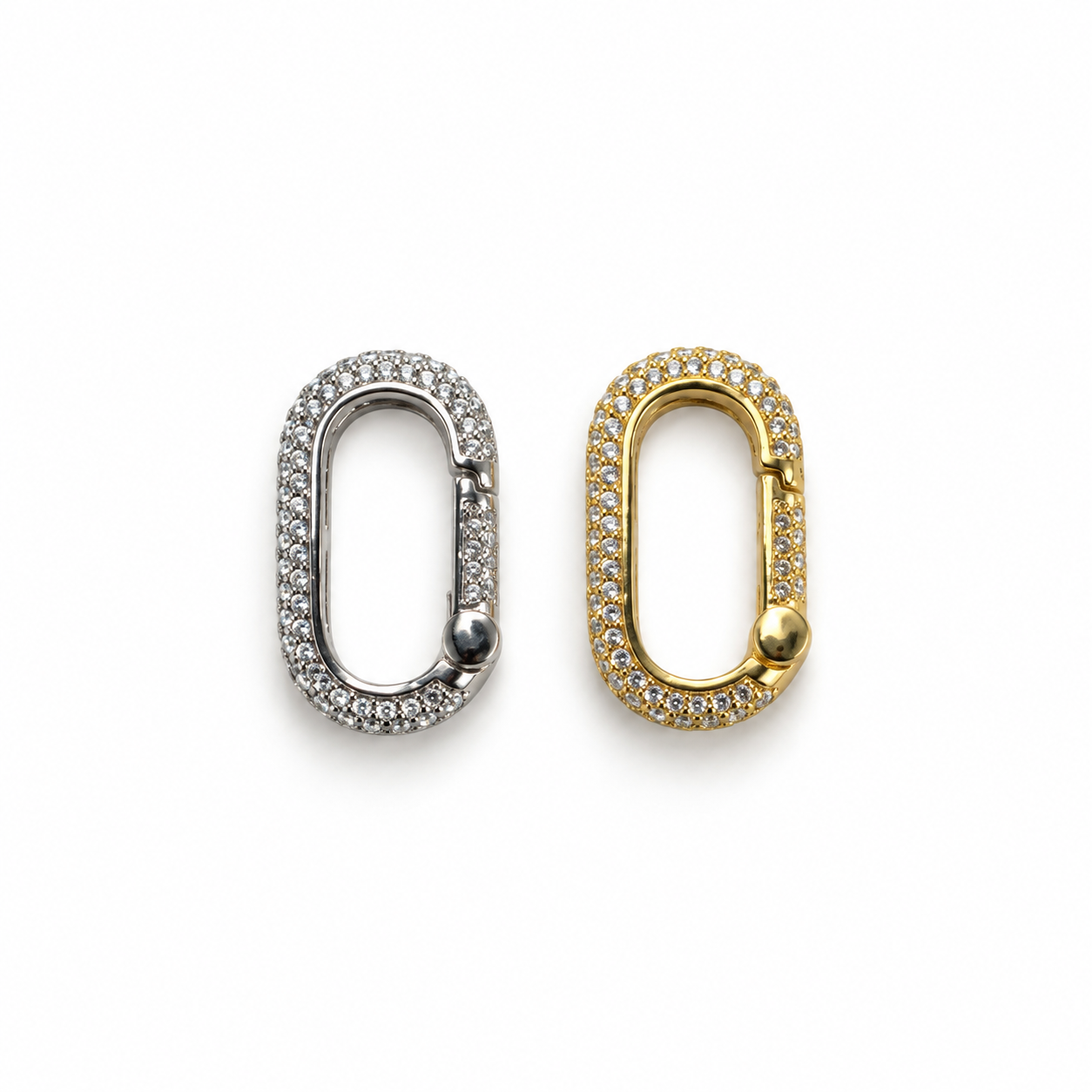Shop an elegant oval CZ jewelry clasp in 18K Gold Filled or Rhodium. A functional and decorative connector for chains, necklaces, bracelets, charms and pendants.