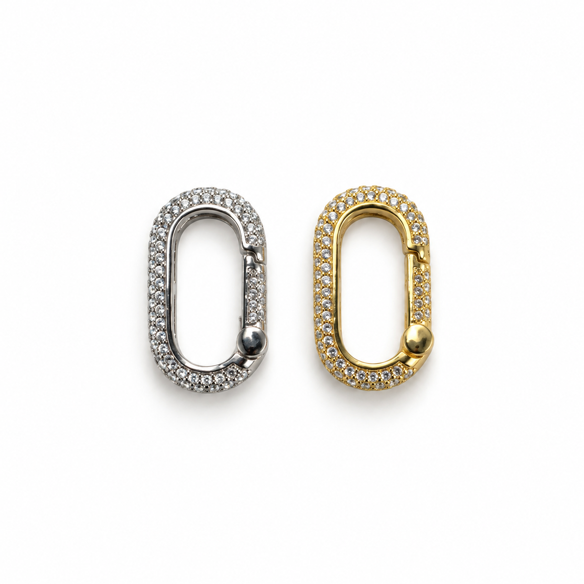 Shop an elegant oval CZ jewelry clasp in 18K Gold Filled or Rhodium. A functional and decorative connector for chains, necklaces, bracelets, charms and pendants.