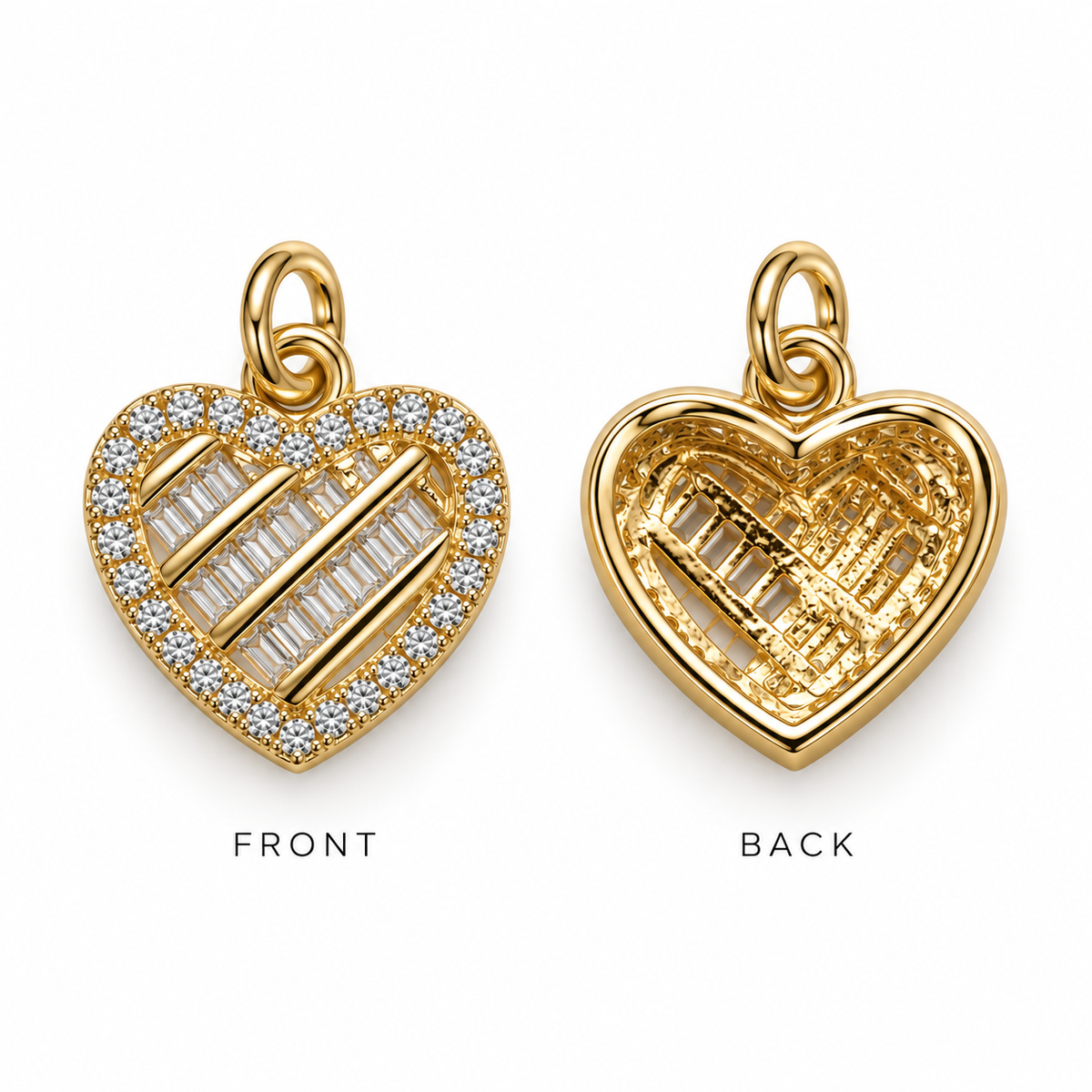 Shop this elegant CZ heart pendant featuring baguette and pavé Cubic Zirconia stones. A sophisticated heart charm designed for necklaces and chains.