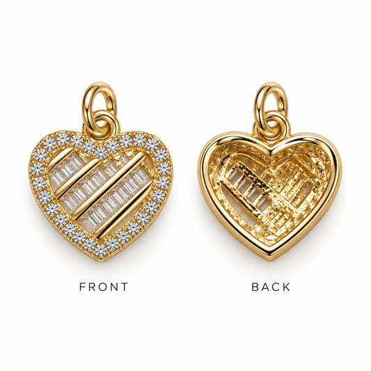 Shop this elegant CZ heart pendant featuring baguette and pavé Cubic Zirconia stones. A sophisticated heart charm designed for necklaces and chains.