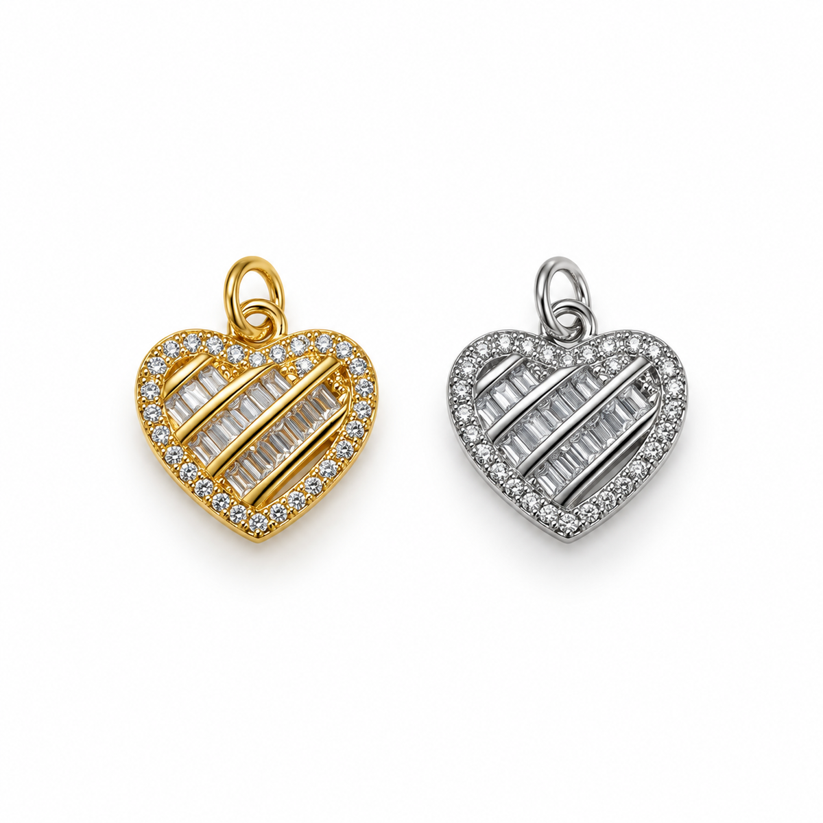 Shop this elegant CZ heart pendant featuring baguette and pavé Cubic Zirconia stones. A sophisticated heart charm designed for necklaces and chains.