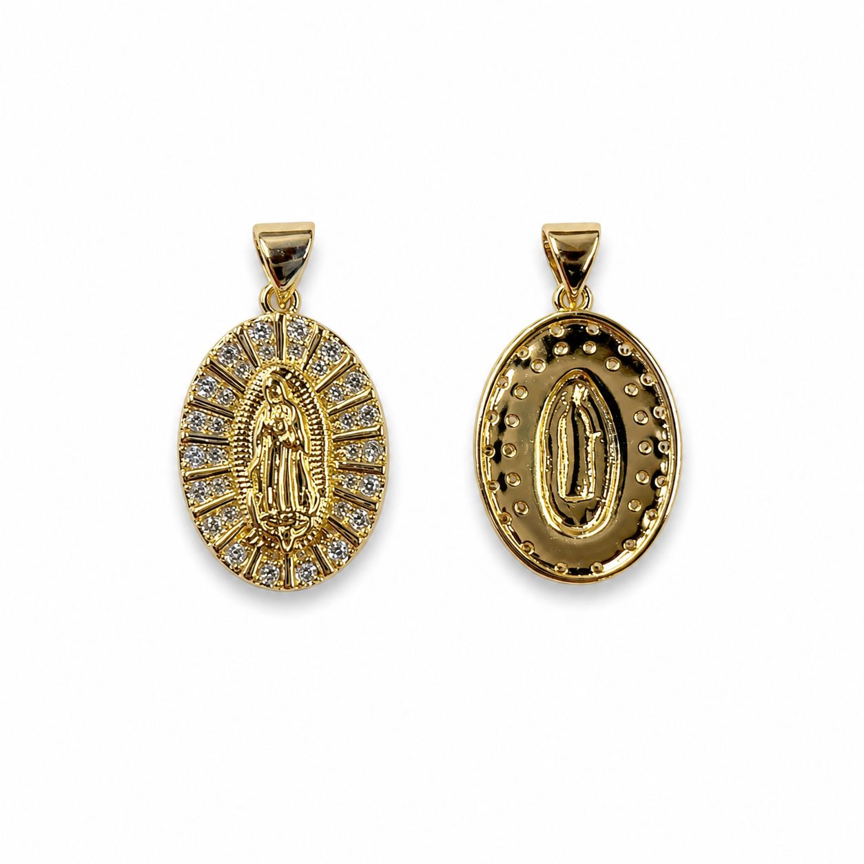 Virgin of Guadalupe oval medallion pendant in 18K Gold Filled with sparkling clear CZ accents and a detailed radiant design. A meaningful Catholic jewelry piece.