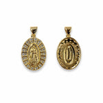 Virgin of Guadalupe oval medallion pendant in 18K Gold Filled with sparkling clear CZ accents and a detailed radiant design. A meaningful Catholic jewelry piece.