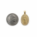 Virgin of Guadalupe oval medallion pendant in 18K Gold Filled with sparkling clear CZ accents and a detailed radiant design. A meaningful Catholic jewelry piece.