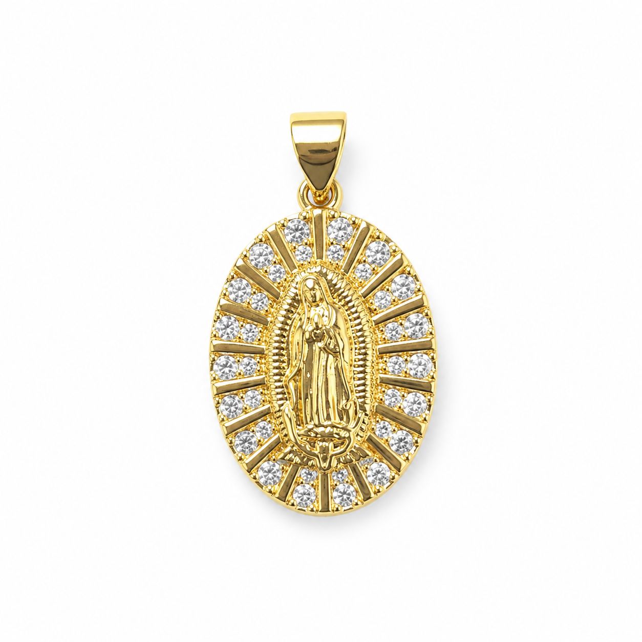 Virgin of Guadalupe oval medallion pendant in 18K Gold Filled with sparkling clear CZ accents and a detailed radiant design. A meaningful Catholic jewelry piece.