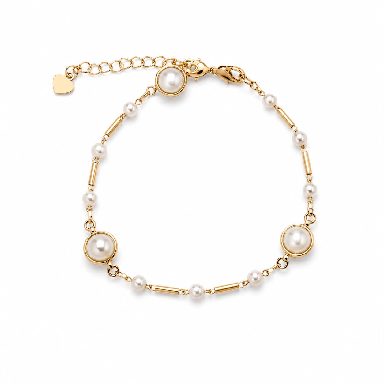 A delicate gold chain bracelet features alternating pearls and gold bar links with a lobster clasp closure.