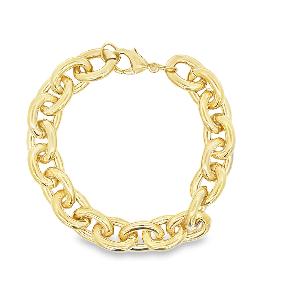 A chunky gold chain bracelet displays polished interlocking links against a clean white background.