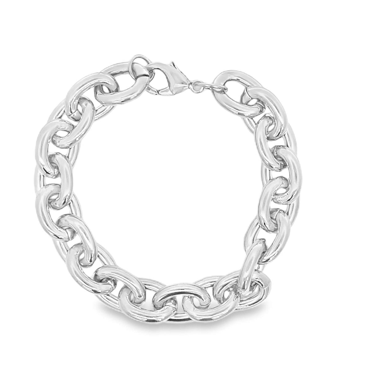 A chunky silver link bracelet curves into a circle against a clean white background.