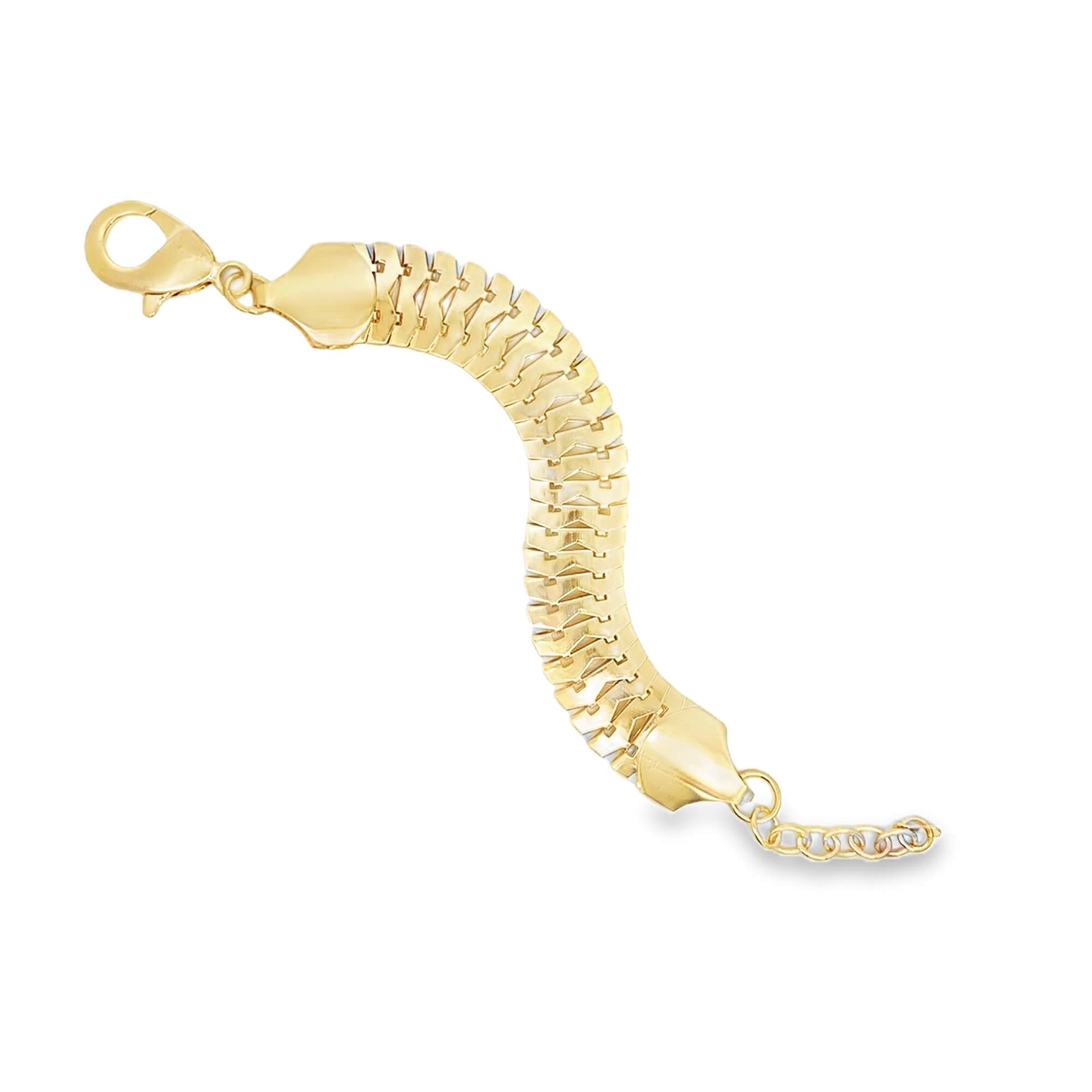 A shiny gold herringbone bracelet curves gracefully against a white background, displaying its tightly interlocking links and lobster clasp.
