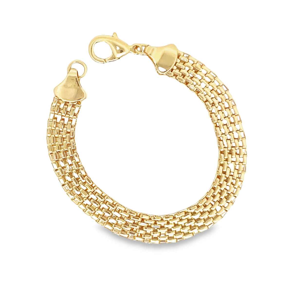 A shiny gold mesh link bracelet curves gracefully against a plain white background, featuring a secure lobster clasp.