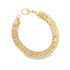 A shiny gold mesh link bracelet curves gracefully against a plain white background, featuring a secure lobster clasp.