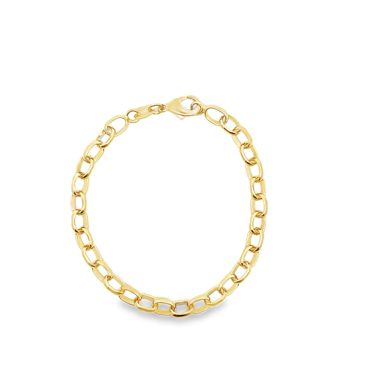 A polished gold link bracelet rests in a circle against a clean white background, showcasing its classic clasp and sturdy chain design.