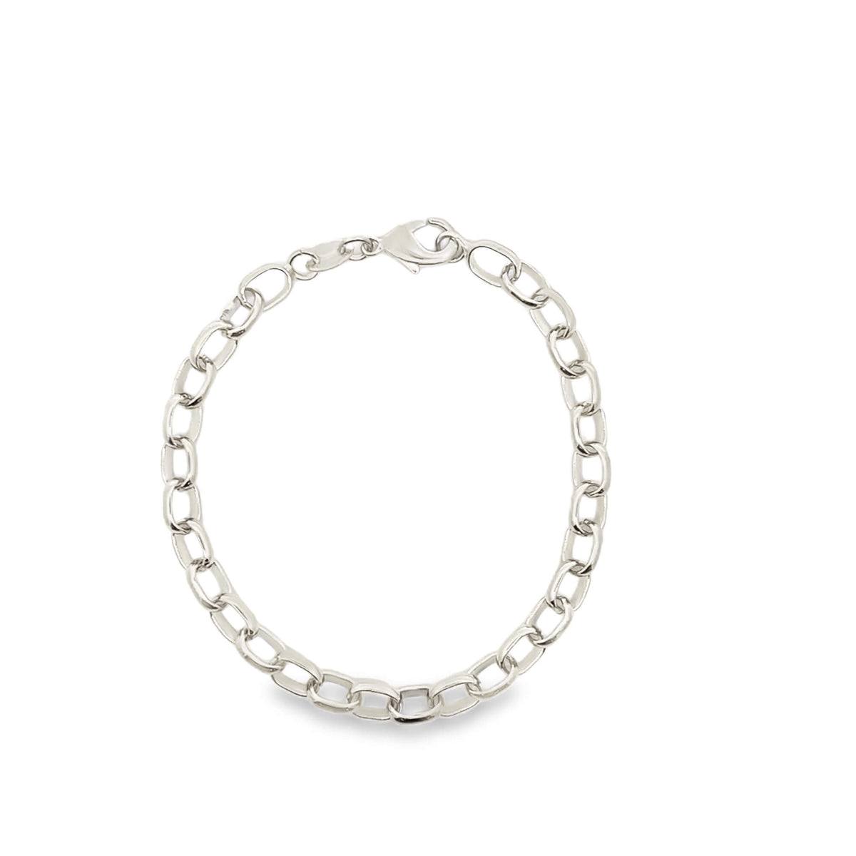 A gleaming silver chain bracelet lies in a circular shape against a plain white background, showcasing its interlocking oval links and secure lobster clasp.