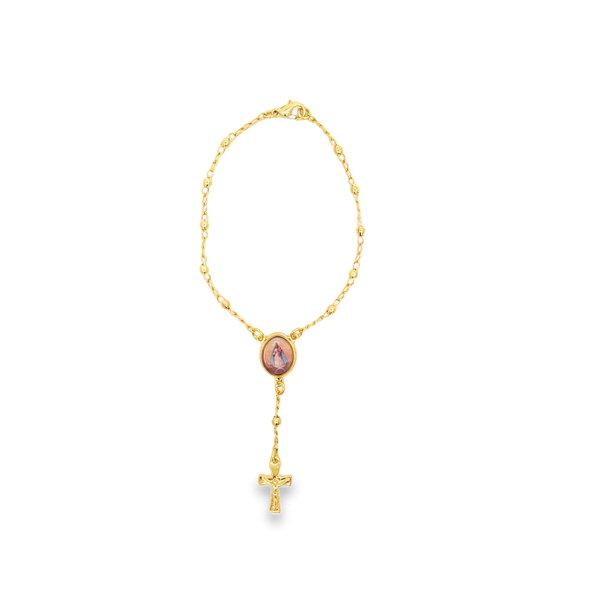 A delicate gold rosary bracelet features a small oval centerpiece medallion of the Virgin Mary and a dangling crucifix charm.