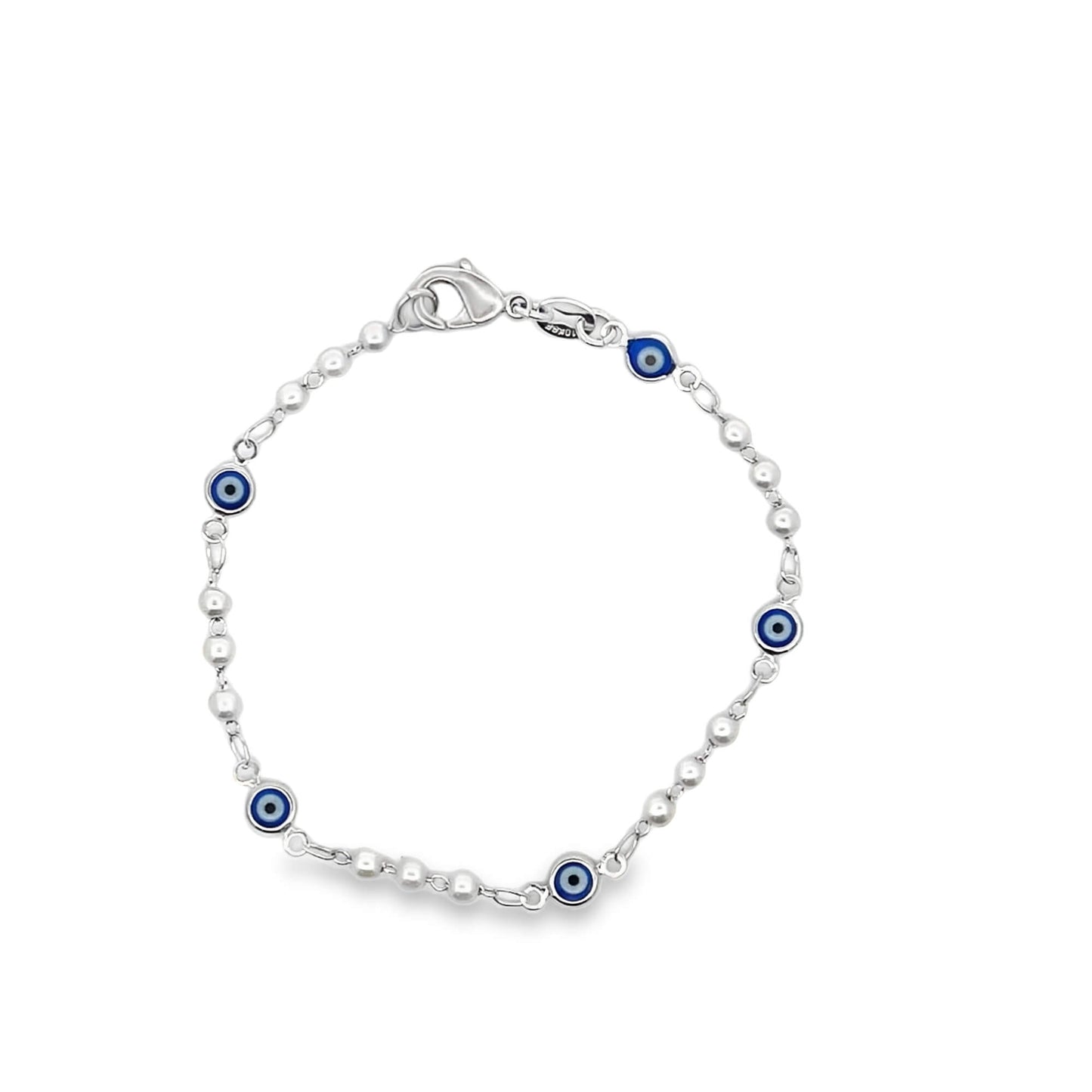 A silver bead chain bracelet features blue and white evil eye charms interspersed along its length against a white background.