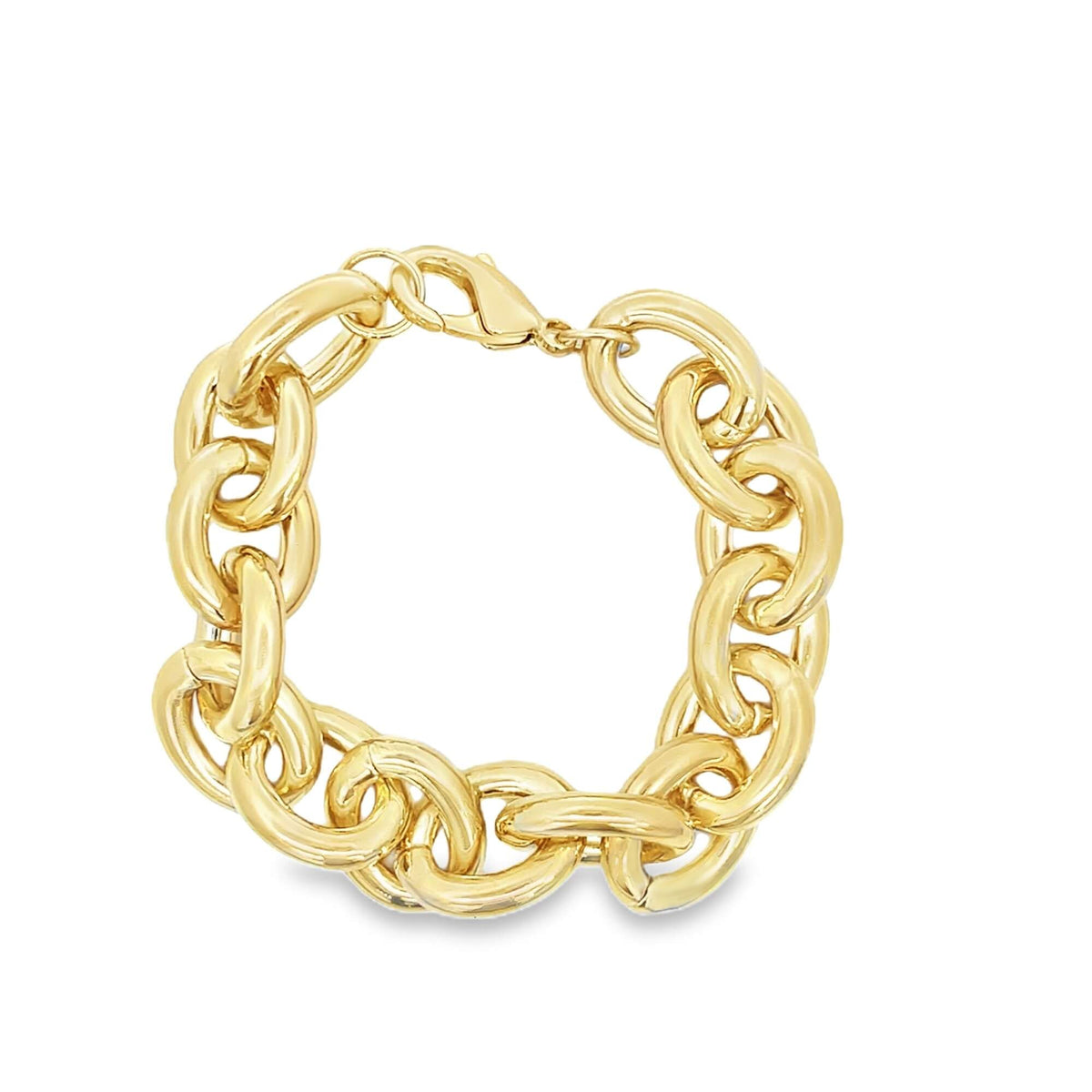 A chunky gold link bracelet rests against a clean white background.