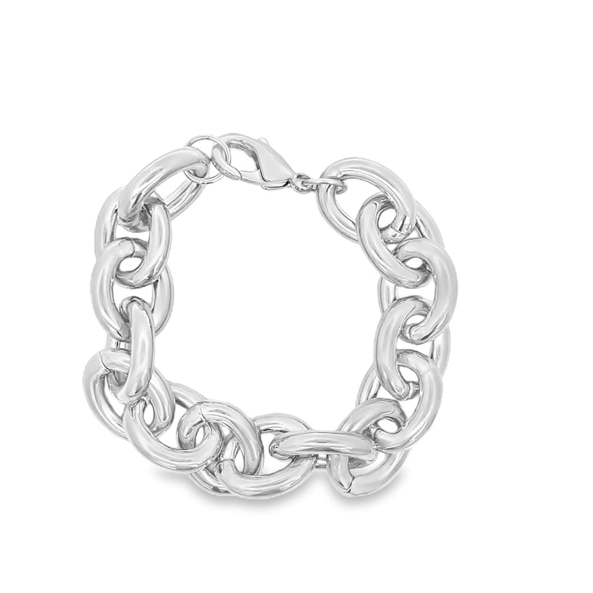 A thick silver chain link bracelet curves into a circle against a clean white background.