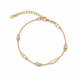 Elegant 18K Gold Filled station necklace featuring geometric open-link accents and bezel-set cubic zirconia. Lightweight, modern and perfect for layering.