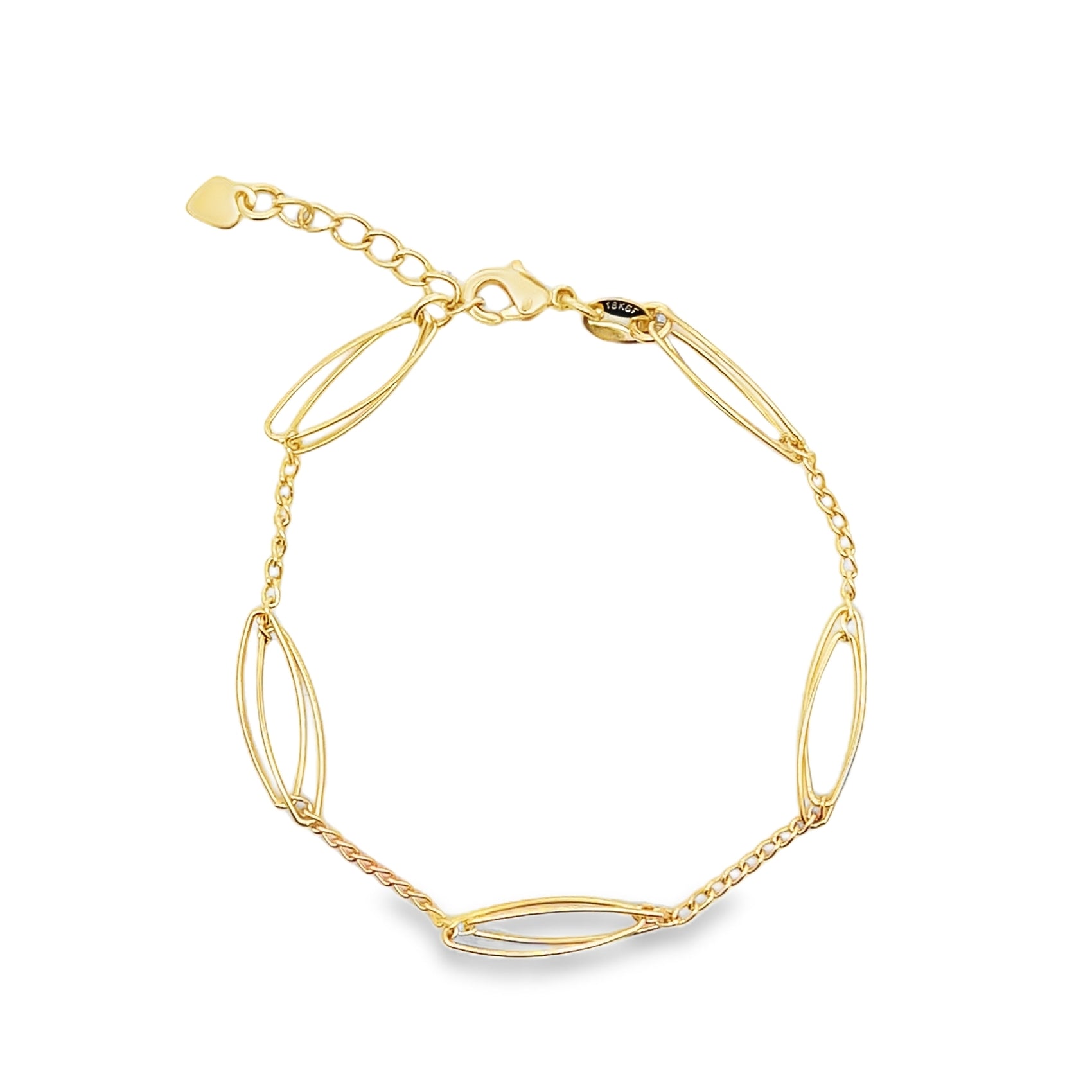 A delicate gold-filled link bracelet features alternating oval geometric shapes and fine chains against a white background.