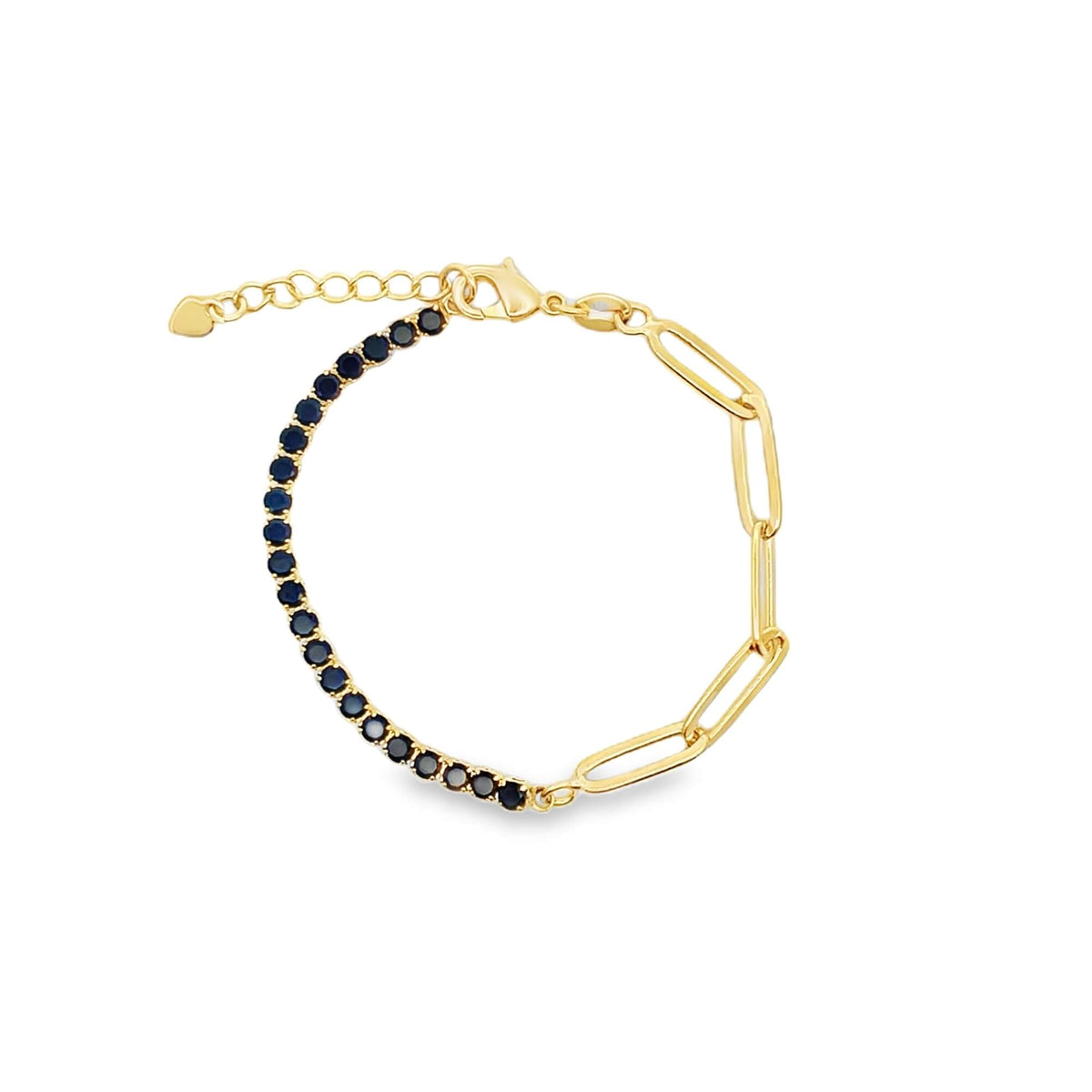 A gold paperclip and tennis bracelet features a half-strand of sparkling dark blue gemstones and an adjustable chain.