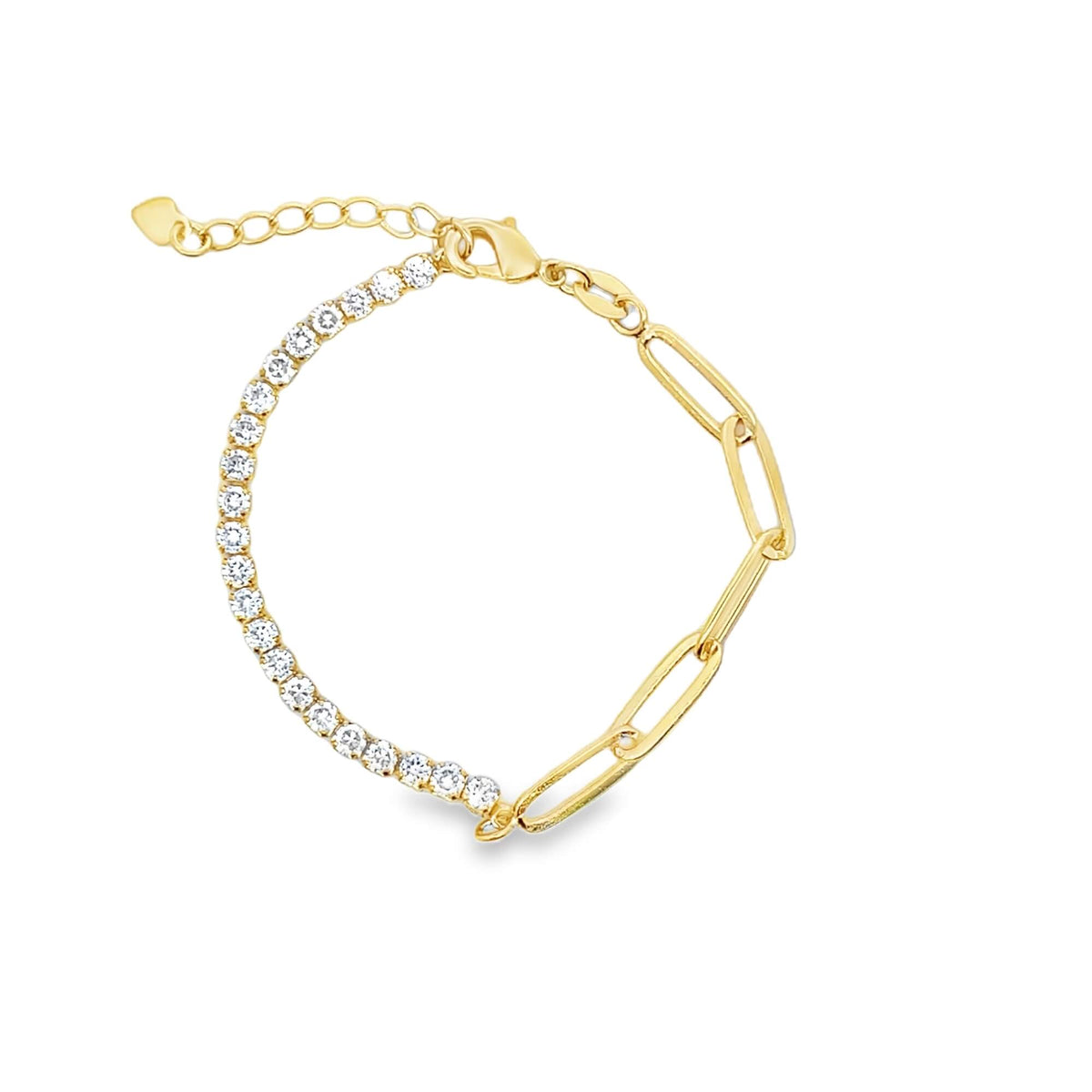 A gold half-tennis and half-paperclip chain bracelet sparkles with cubic zirconia stones against a clean white background.