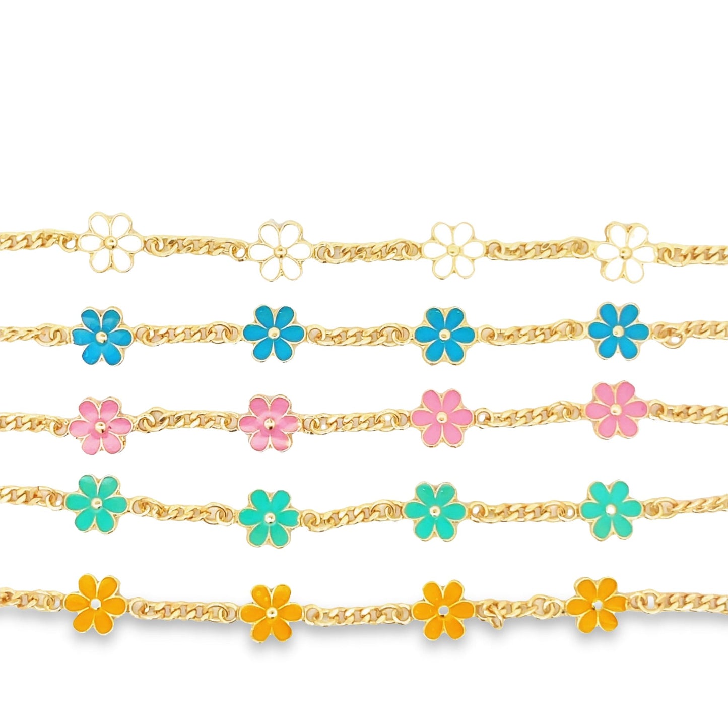 Five gold chain bracelets feature colorful enamel flower charms in white, blue, pink, turquoise, and yellow against a white background.