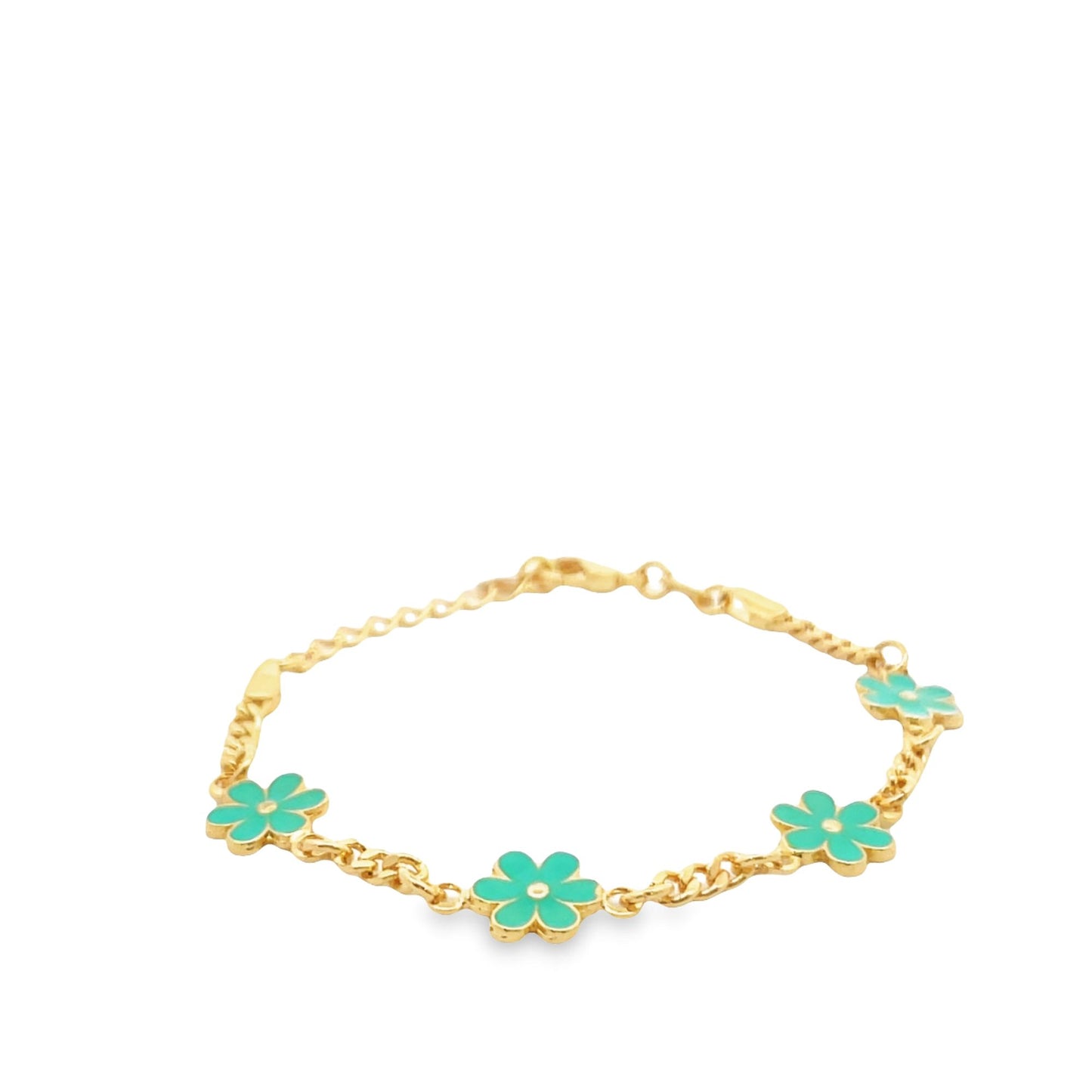 A delicate gold chain bracelet features vibrant turquoise enamel flower charms arranged evenly along the link.