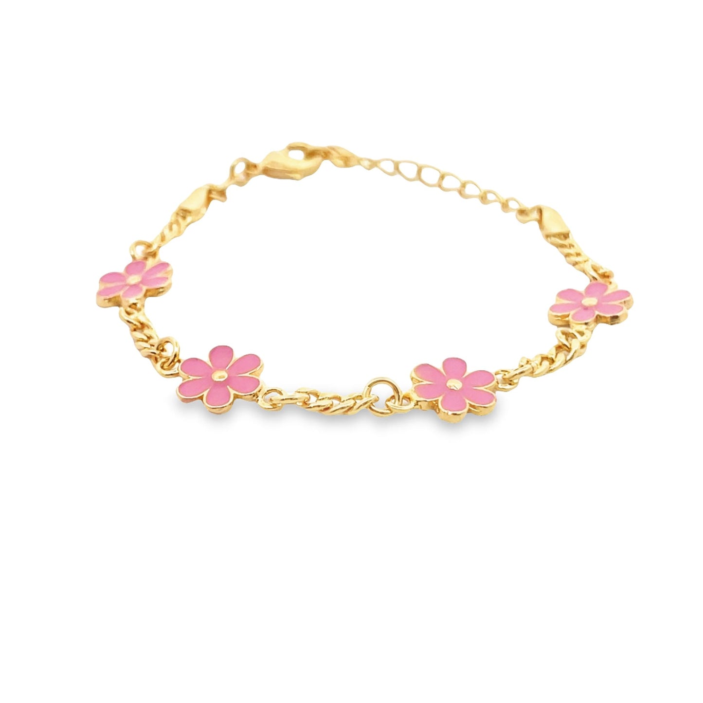 A delicate gold chain bracelet features alternating pink enamel flower charms against a clean white background.