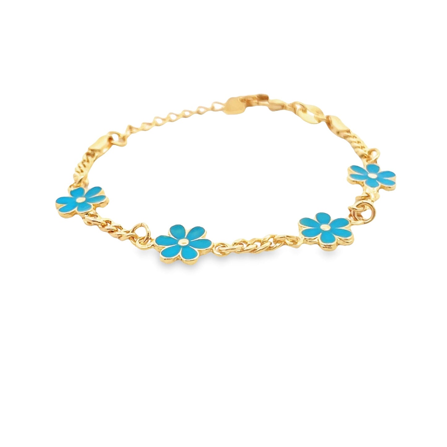 A delicate gold chain bracelet features vibrant blue enamel flower charms spaced evenly along its length.