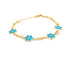 A delicate gold chain bracelet features vibrant blue enamel flower charms spaced evenly along its length.