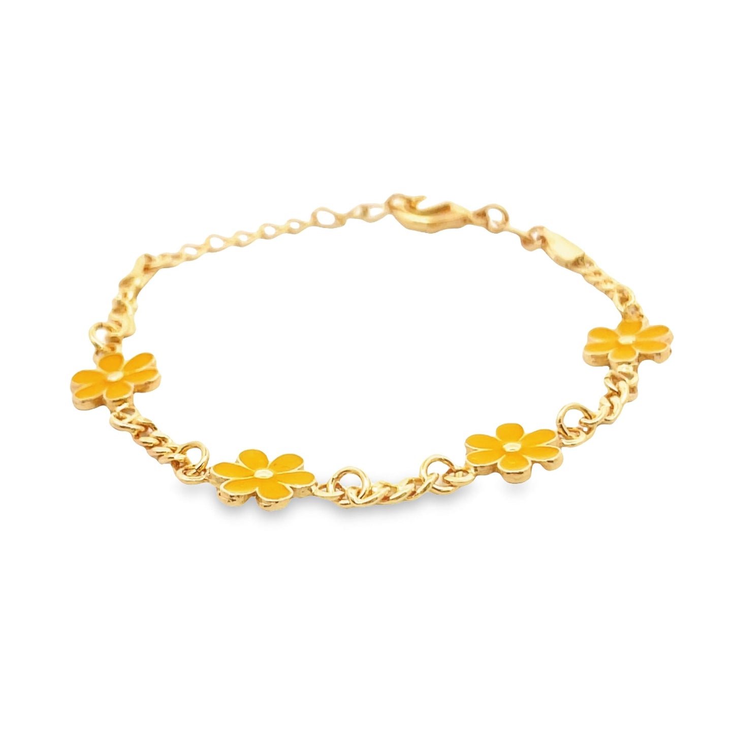 A delicate gold chain bracelet features vibrant yellow enamel flower charms arranged evenly along the link.