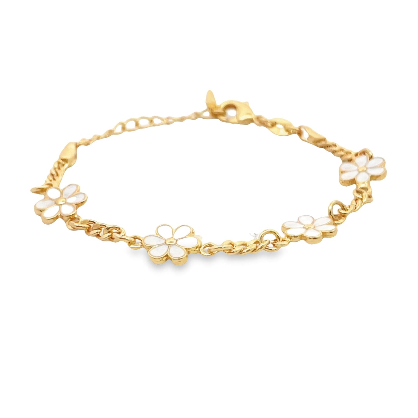 A delicate gold chain bracelet features dainty white enamel daisy charms against a clean white background.