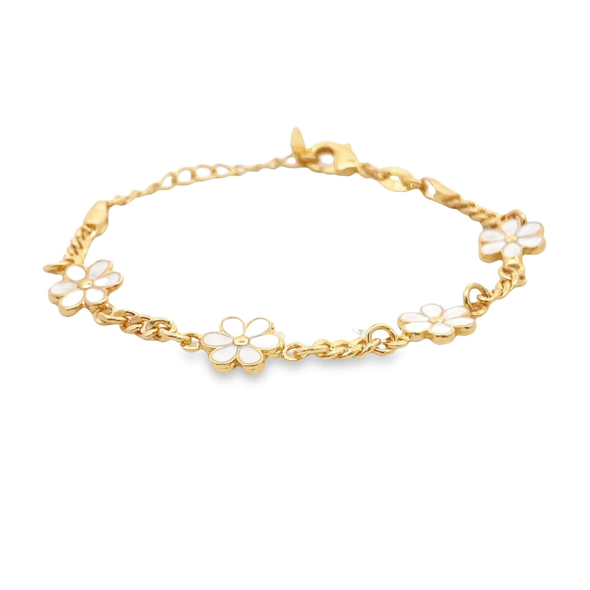 A delicate gold chain bracelet features dainty white enamel daisy charms against a clean white background.