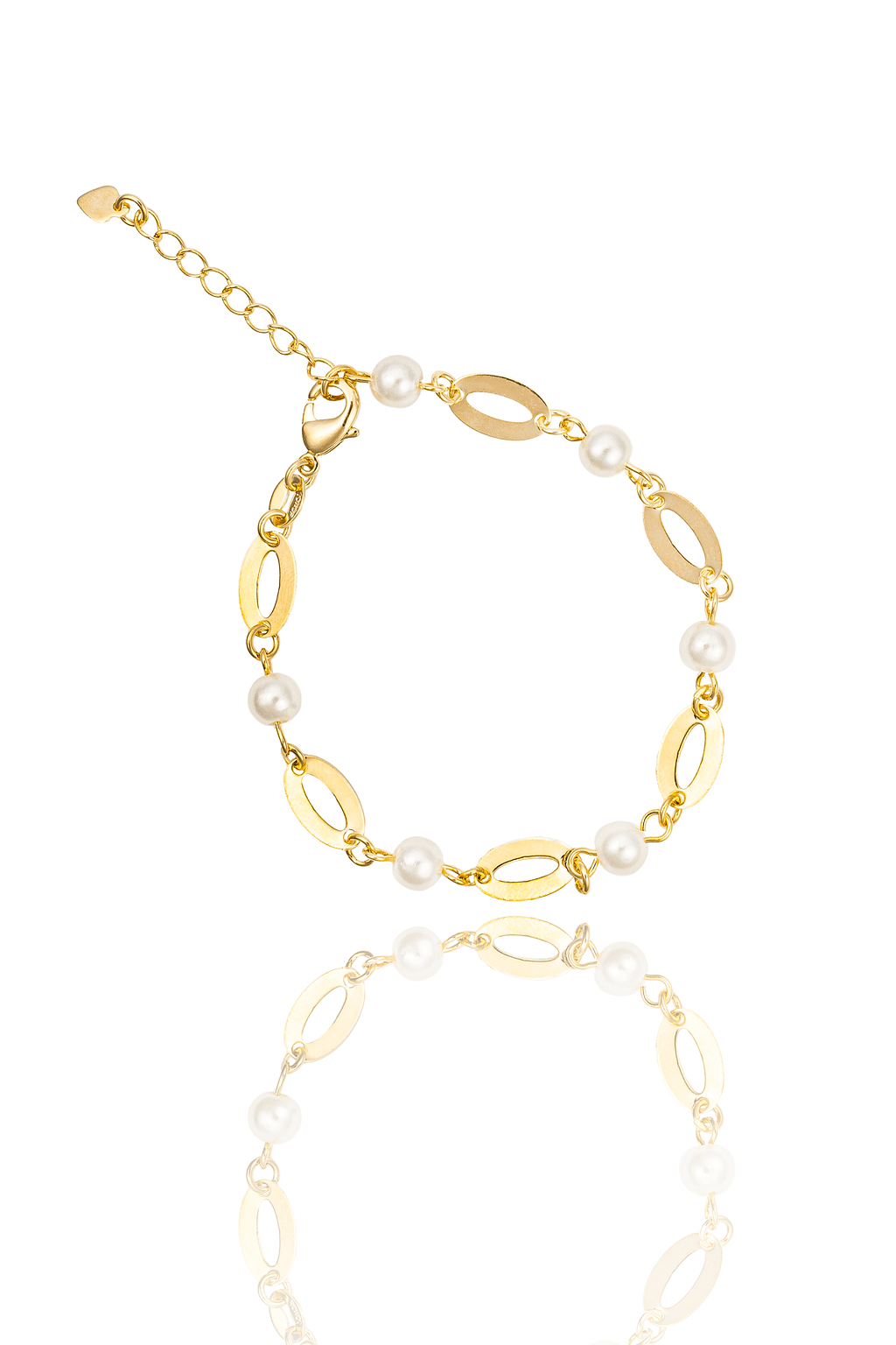 A delicate gold chain bracelet features alternating flat oval links and glowing white pearls against a clean white background.