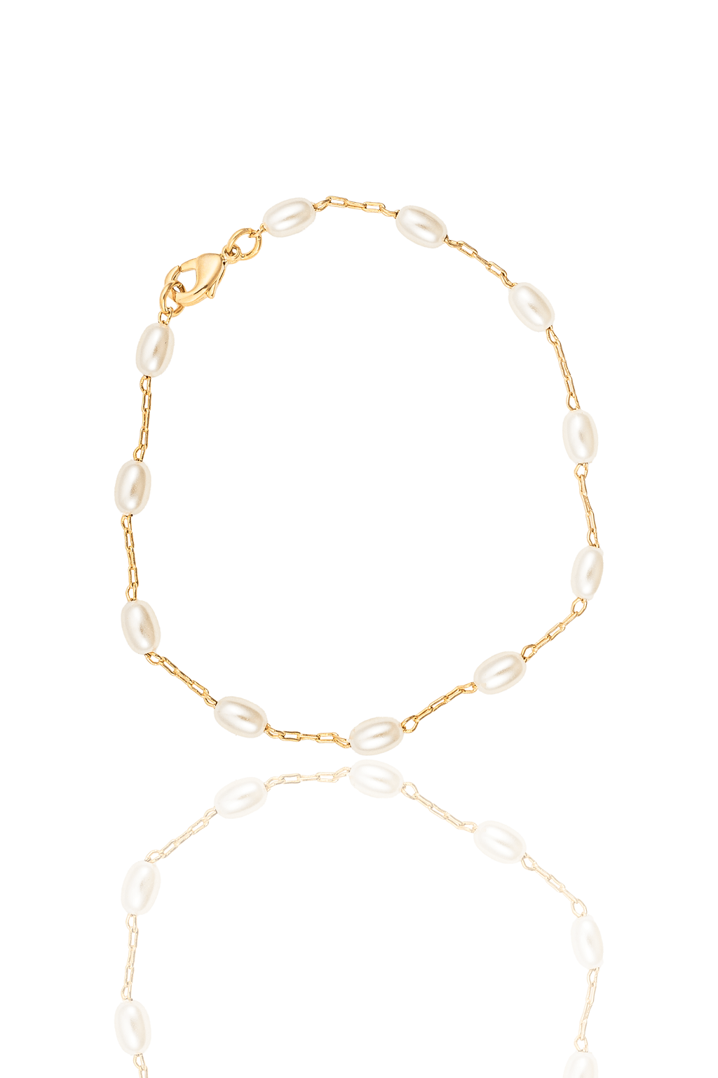 A delicate gold chain bracelet features evenly spaced freshwater pearls and a secure lobster clasp against a clean white background.