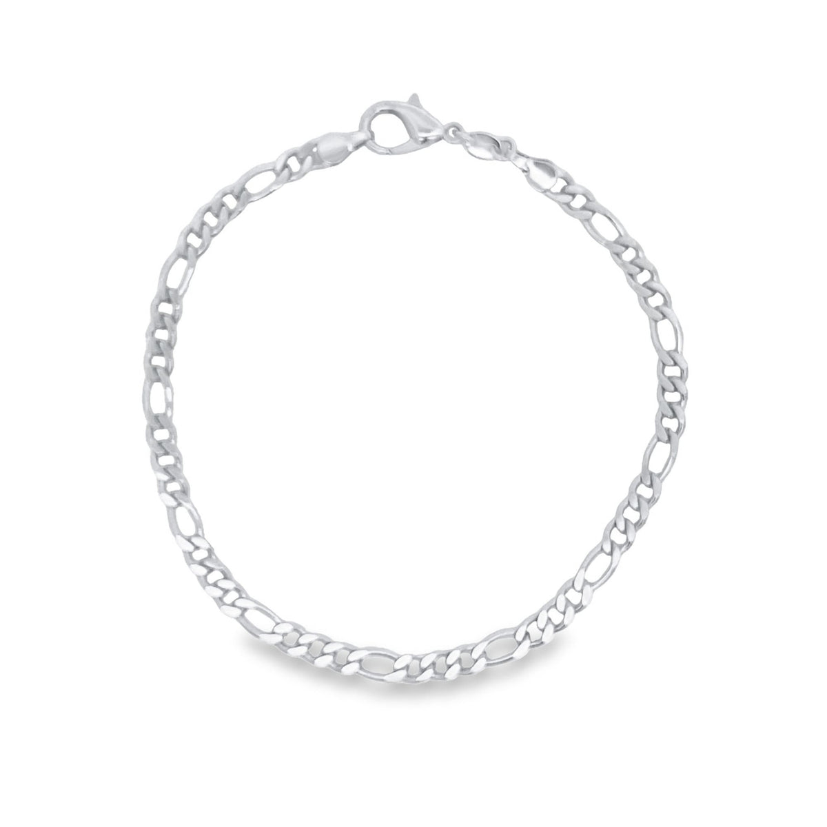 A sleek silver Figaro chain bracelet curves in a circle on a white background, featuring a secure lobster clasp.