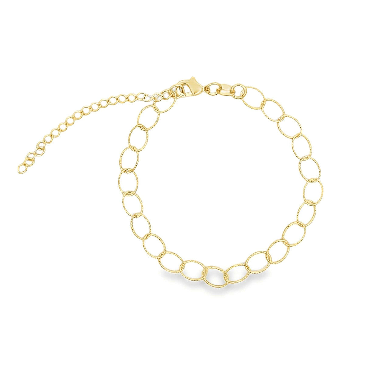 A delicate yellow gold chain bracelet features textured oval links and an adjustable extension chain against a clean white background.
