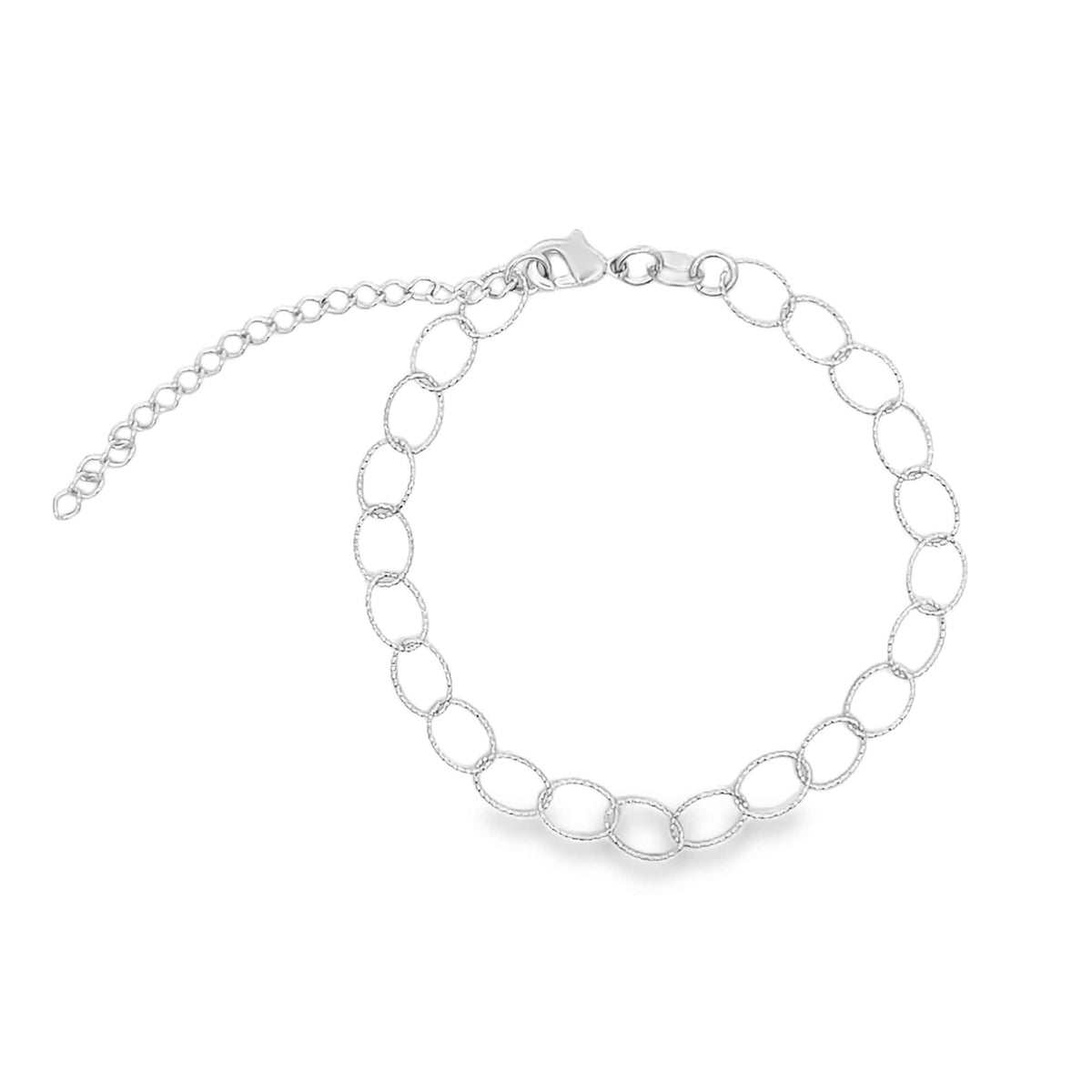 A sterling silver link bracelet features textured oval links and an adjustable extension chain against a clean white background.