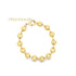 A shiny gold bead bracelet features a lobster clasp and an adjustable extension chain on a white background.